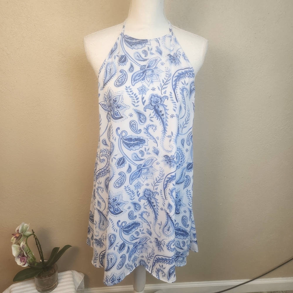 Show Me Your MuMu Blue and White Paisley Mini Dress Large (7992) - Picture 2 of 5